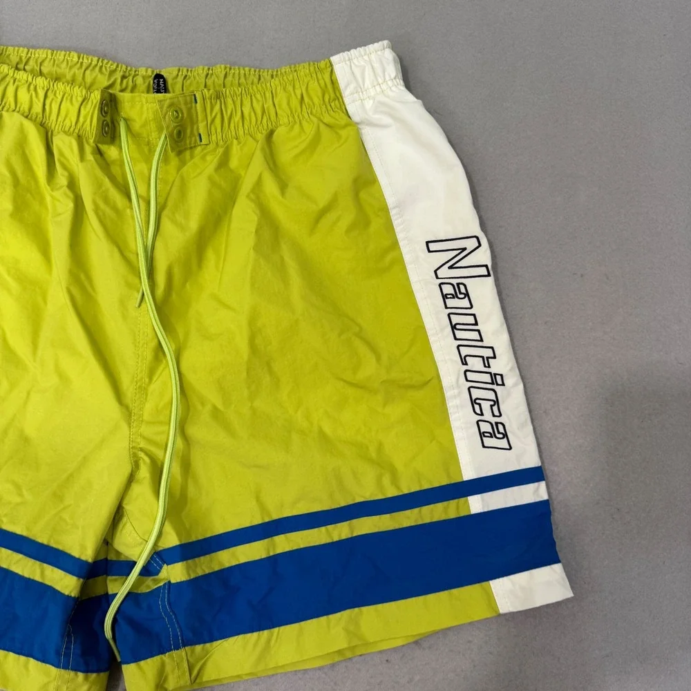 Nautica Swim Trunks Men Large Neon Green Blue Striped Vintage Mesh Lined Shorts